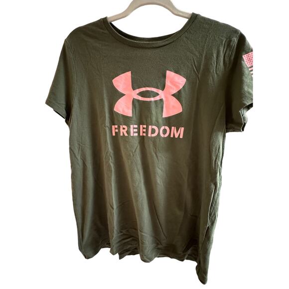 Under Armour Womens Freedom Logo T-Shirt Marine OD Green Pink Sands Large L USA - Picture 1 of 6